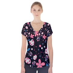 Pink Ladybugs And Flowers  Short Sleeve Front Detail Top