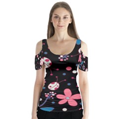 Pink Ladybugs And Flowers  Butterfly Sleeve Cutout Tee 