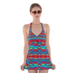 Peace Flowers And Rainbows In The Sky Halter Swimsuit Dress by pepitasart