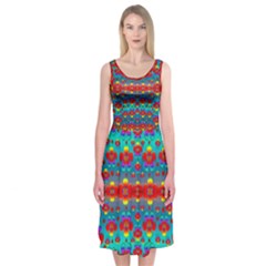 Peace Flowers And Rainbows In The Sky Midi Sleeveless Dress