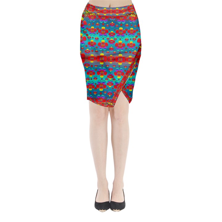 Peace Flowers And Rainbows In The Sky Midi Wrap Pencil Skirt