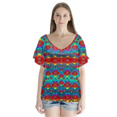 Peace Flowers And Rainbows In The Sky Flutter Sleeve Top