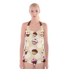 Colorful Cupcakes Pattern Boyleg Halter Swimsuit 