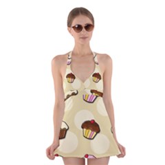 Colorful Cupcakes Pattern Halter Swimsuit Dress