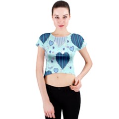 Light And Dark Blue Hearts Crew Neck Crop Top by LovelyDesigns4U