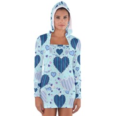 Light And Dark Blue Hearts Women s Long Sleeve Hooded T-shirt