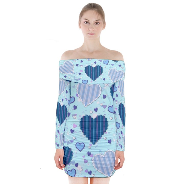 Light and Dark Blue Hearts Long Sleeve Off Shoulder Dress