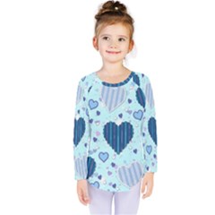 Light And Dark Blue Hearts Kids  Long Sleeve Tee