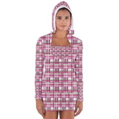 Pink Plaid Pattern Women s Long Sleeve Hooded T-shirt