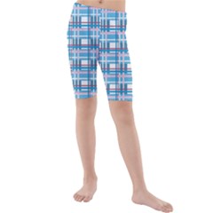 Blue Plaid Pattern Kids  Mid Length Swim Shorts by Valentinaart