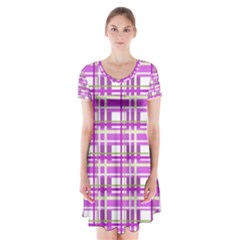 Purple Plaid Pattern Short Sleeve V-neck Flare Dress