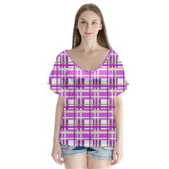 Purple Plaid Pattern Flutter Sleeve Top