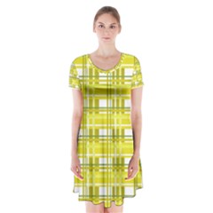 Yellow Plaid Pattern Short Sleeve V-neck Flare Dress by Valentinaart