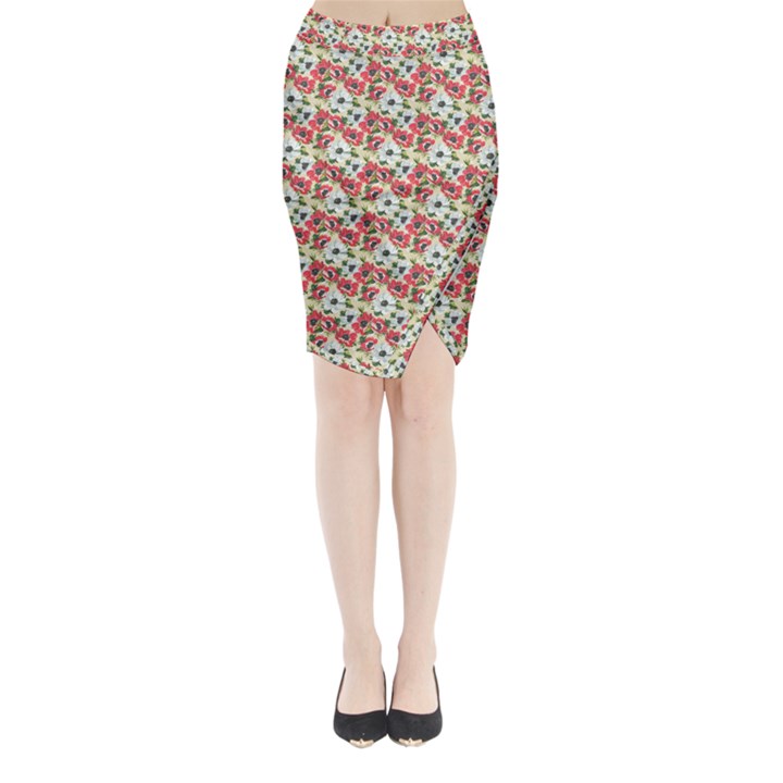 Gorgeous Red Flower Pattern  Midi Wrap Pencil Skirt