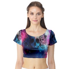 Colorful Space Skull Pattern Short Sleeve Crop Top (tight Fit) by Brittlevirginclothing