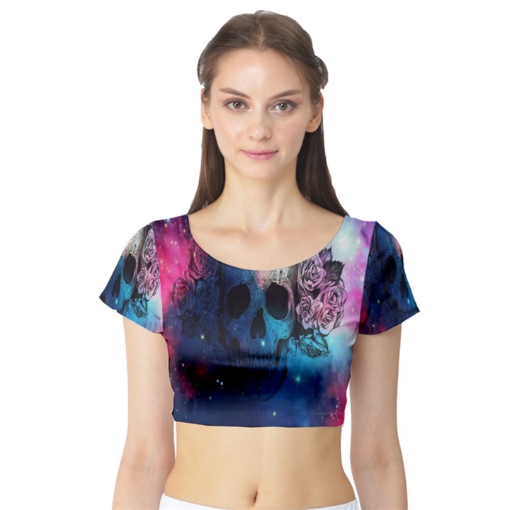 Colorful Space Skull Pattern Short Sleeve Crop Top (Tight Fit)