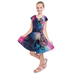 Colorful Space Skull Pattern Kids  Short Sleeve Dress by Brittlevirginclothing