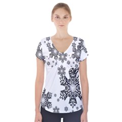 Black And White Snowflakes Short Sleeve Front Detail Top