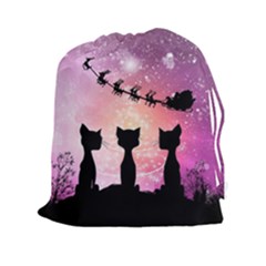 Cats Looking In The Sky At Santa Claus At Night Drawstring Pouches (xxl) by FantasyWorld7