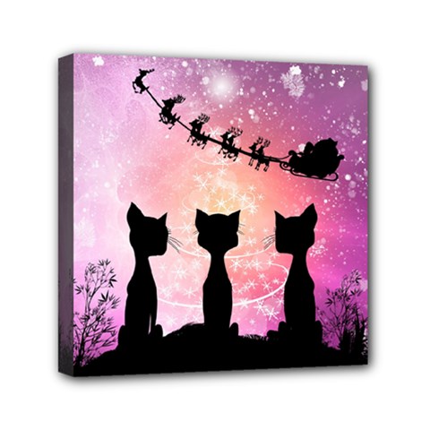 Cats Looking In The Sky At Santa Claus At Night Mini Canvas 6  X 6  by FantasyWorld7