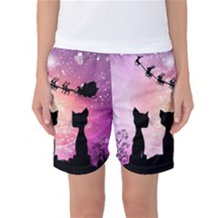 Cats Looking In The Sky At Santa Claus At Night Women s Basketball Shorts by FantasyWorld7