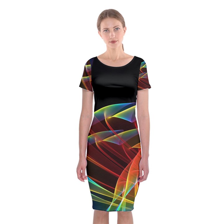 Dancing Northern Lights, Abstract Summer Sky  Classic Short Sleeve Midi Dress