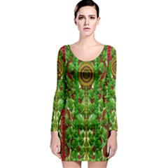 The Golden Moon Over The Holiday Forest Long Sleeve Bodycon Dress by pepitasart