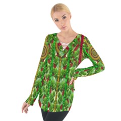 The Golden Moon Over The Holiday Forest Women s Tie Up Tee