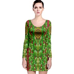 The Golden Moon Over The Holiday Forest Long Sleeve Velvet Bodycon Dress by pepitasart