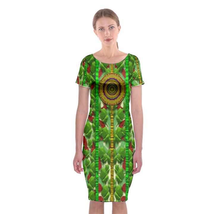 The Golden Moon Over The Holiday Forest Classic Short Sleeve Midi Dress