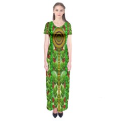 The Golden Moon Over The Holiday Forest Short Sleeve Maxi Dress