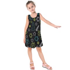 Xmas Pattern - Blue And Yellow Kids  Sleeveless Dress