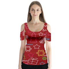 Red Xmas Pattern Butterfly Sleeve Cutout Tee 