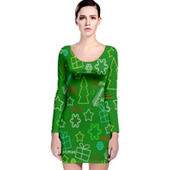 Green Xmas Pattern Long Sleeve Velvet Bodycon Dress by Valentinaart