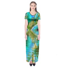 Crystal Gold Peacock, Abstract Mystical Lake Short Sleeve Maxi Dress