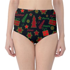 Red And Green Xmas Pattern High-waist Bikini Bottoms by Valentinaart