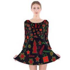 Red And Green Xmas Pattern Long Sleeve Velvet Skater Dress by Valentinaart