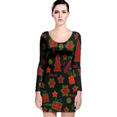 Red And Green Xmas Pattern Long Sleeve Velvet Bodycon Dress by Valentinaart