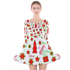 Red And Green Christmas Pattern Long Sleeve Velvet Skater Dress by Valentinaart