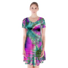 Crystal Flower Garden, Abstract Teal Violet Short Sleeve V-neck Flare Dress by DianeClancy