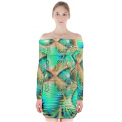 Golden Teal Peacock, Abstract Copper Crystal Long Sleeve Off Shoulder Dress