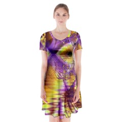 Golden Violet Crystal Palace, Abstract Cosmic Explosion Short Sleeve V-neck Flare Dress by DianeClancy