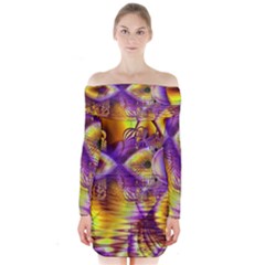 Golden Violet Crystal Palace, Abstract Cosmic Explosion Long Sleeve Off Shoulder Dress by DianeClancy