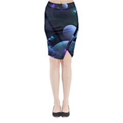 The Music Of My Goddess, Abstract Cyan Mystery Planet Midi Wrap Pencil Skirt by DianeClancy