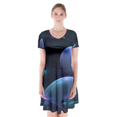 The Music Of My Goddess, Abstract Cyan Mystery Planet Short Sleeve V-neck Flare Dress by DianeClancy