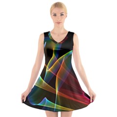 Peacock Symphony, Abstract Rainbow Music V-neck Sleeveless Skater Dress by DianeClancy