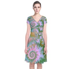 Rose Forest Green, Abstract Swirl Dance Short Sleeve Front Wrap Dress by DianeClancy