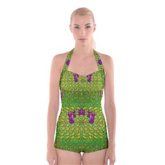 Flowers And Yoga In The Wind Boyleg Halter Swimsuit  by pepitasart