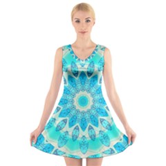 Blue Ice Goddess, Abstract Crystals Of Love V-neck Sleeveless Skater Dress