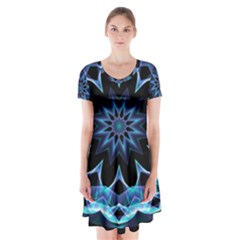 Crystal Star, Abstract Glowing Blue Mandala Short Sleeve V-neck Flare Dress by DianeClancy